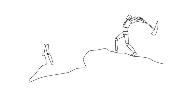 Animated self drawing of single continuous line drawing smart robot standing on the edge of a cliff holding up a star. The hypocrite partner want to destroy the achievement. Full length animation