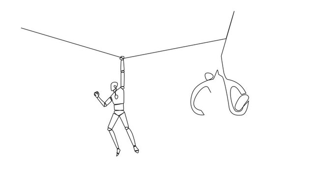 Animated self drawing of continuous one line drawing the robot hanging from rope. A big hand that want to cut the rope. Maintaining a nearly useless business. Full length single line animation