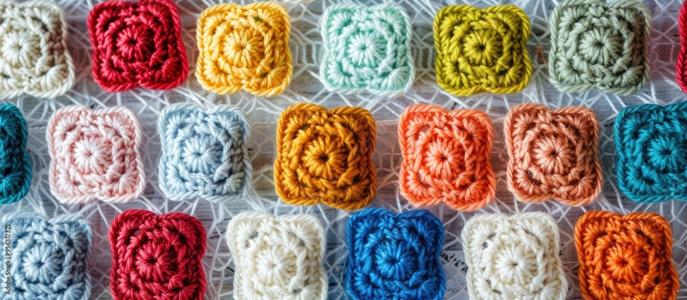 Poster Crocheted granny square on a white backdrop with a textured pattern providing copy space image