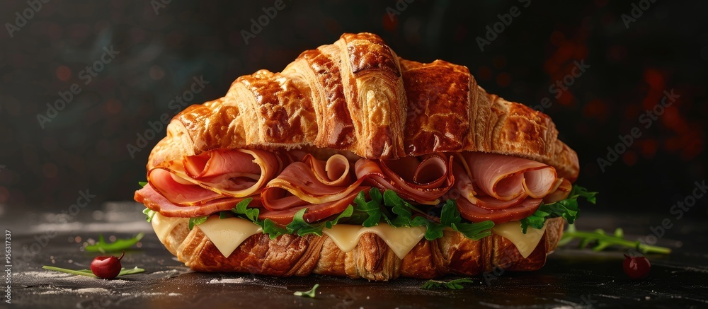 Poster a croissant club sandwich featuring savory ham and cheese layers displayed on a black backdrop showc