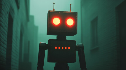 A retro robot with glowing red eyes standing in a dark alleyway, creating a moody, dystopian atmosphere.