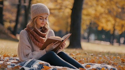 Girl reading a book in the autumn park on a blanket 