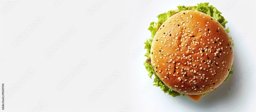 Poster Top down perspective photograph of a hamburger bun on a white backdrop with available space for additional images