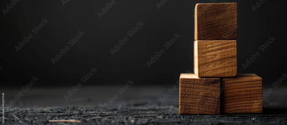Poster Wooden blocks with a black background displaying a career advancement message symbolizing progress Ample copy space image provided