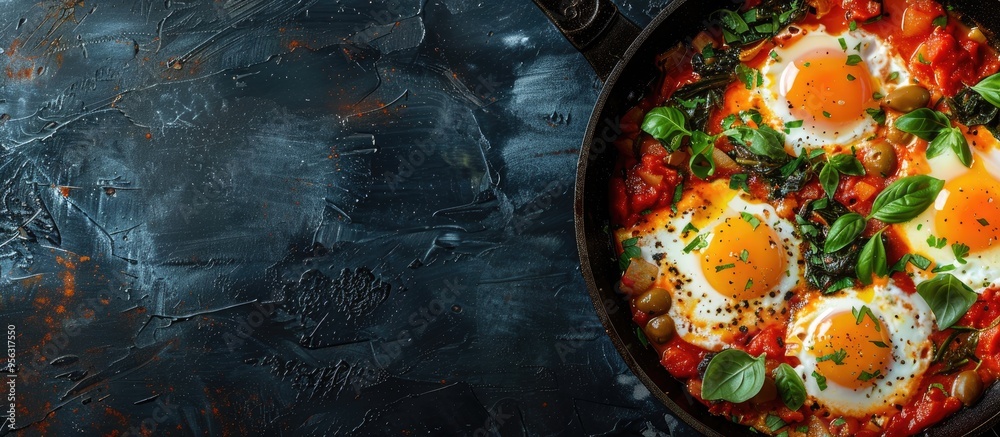 Poster Top view of a sizzling Shakshuka in a frying pan set against a dark background with ample copy space image