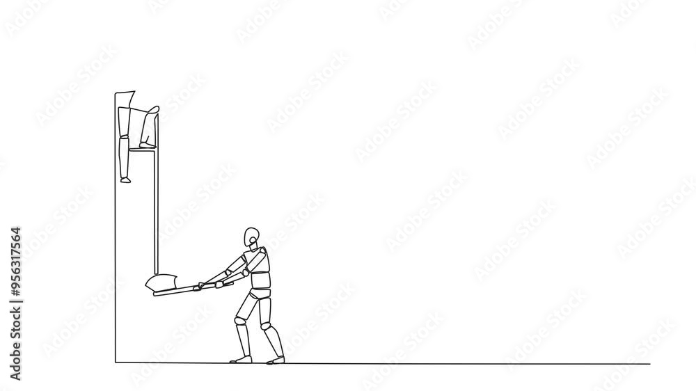 Poster animation of single continuous line drawing smart robot climbs the ladder to achieve the expected re