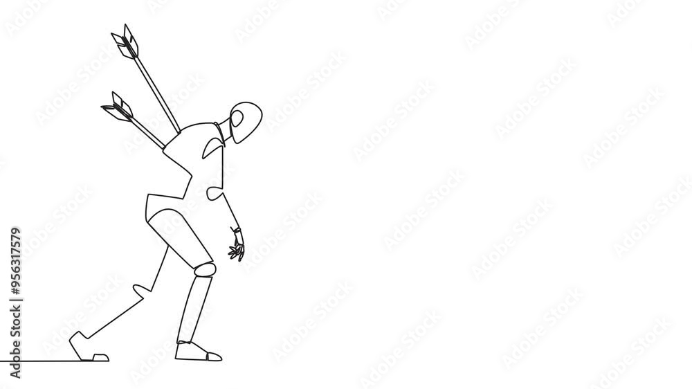 Poster animated self drawing of single one line drawing smart robot standing and several arrows stuck in th