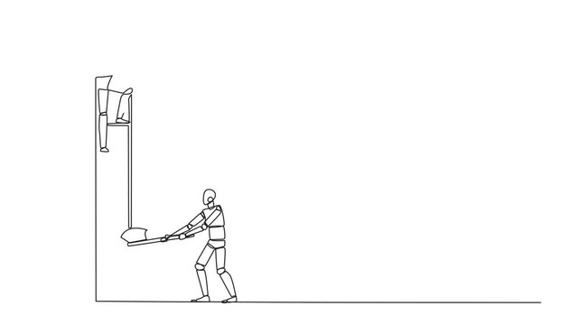 Animation of single continuous line drawing smart robot climbs the ladder to achieve the expected reward. Destroyed silently. Business failed to develop. Destroyed by traitors. Full length motion