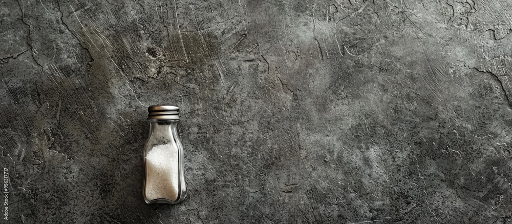Poster Top down view of a salt shaker placed on a textured grey surface with copy space image available for adding text
