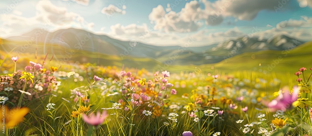 Poster spring concept landscape image with blooming flowers in a meadow showcasing green nature and copy sp