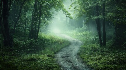Obraz premium A fantasy forest path, dark and green, covered in mist and dew, winding through the woods with a sense of mystery. Ample copy space available.