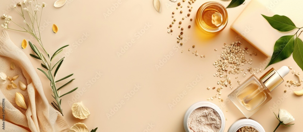 Poster aesthetic display of natural cosmetics and ingredients on a beige backdrop with copy space image