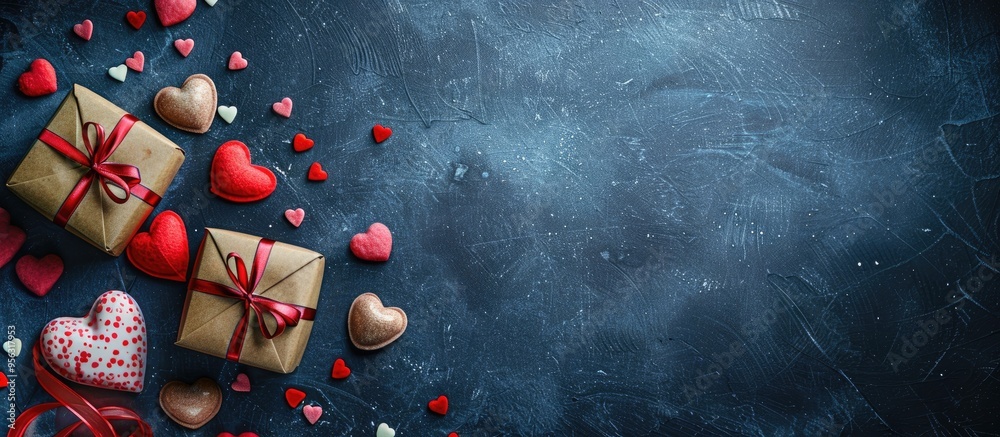Fototapete top down view of a valentine s day arrangement featuring sweet candy gift boxes tied with bows red f