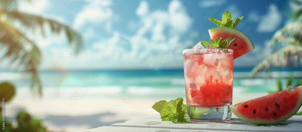 Poster watermelon slices and a cocktail with mint in a glass set on a white table with a blurred exotic bea