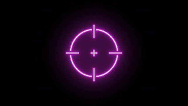 Neon aim cross animation, color flicker. Glowing neon target icon, looped color blink animation. Crosshair, gun aim, sniper target, bullseye, hunting, target audience, precise shoot. 4 colors