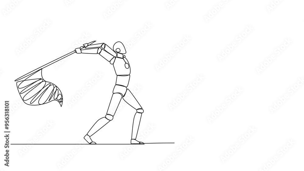 Poster self drawing animation of continuous line drawing the robot who comes up with an idea. a brilliant i