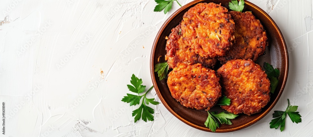 Aufkleber A rustic plate with fried pork and beef meat cutlets or patties on a white background viewed from the top with copy space image