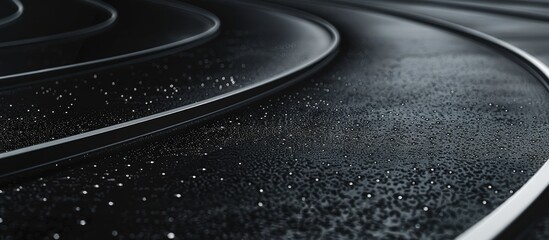 Rubber track with white lanes overlaid onto copy space image of curved textured black surface captured from both overhead and surface levels