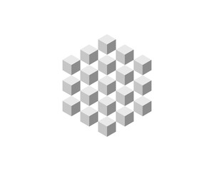 Cube logo, geometric vector design. Box logotype company, trendy tech emblem in pixel style.