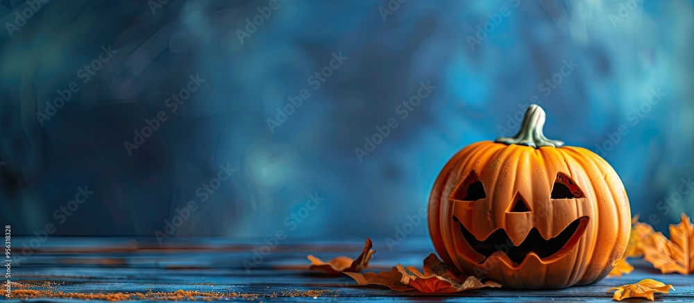 Poster halloween theme with pumpkins in orange and black colors placed on a table with a blue backdrop feat