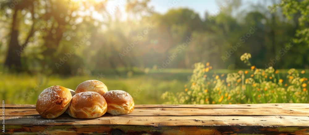 Poster Wooden table displaying freshly baked buns with available copy space image for product placement set against a blurred green field backdrop