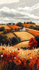 Idyllic countryside path leading to picturesque village under cloudy sky