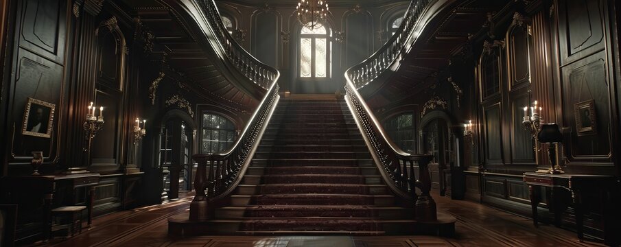 Sophisticated black-tie affair in a historic mansion with grand staircases, 4K hyperrealistic photo