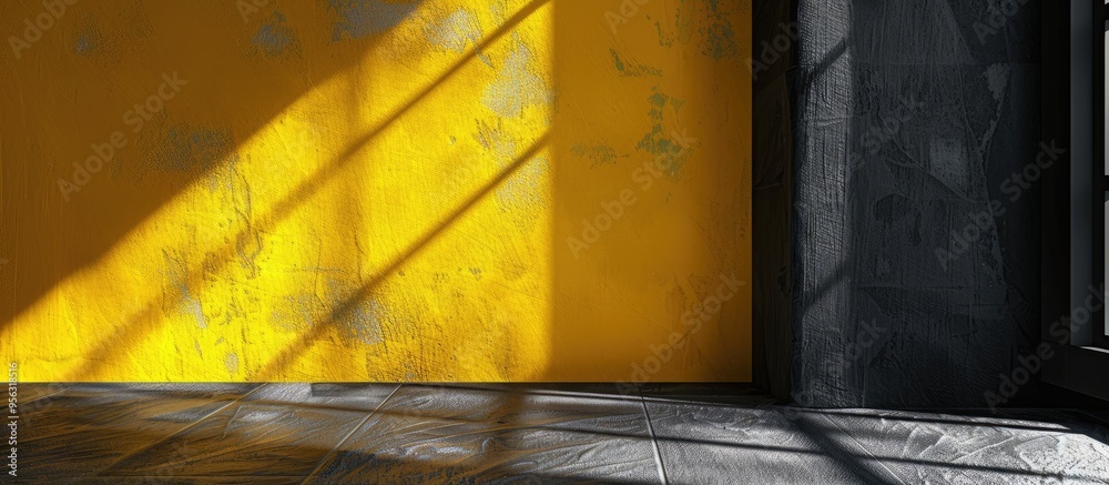 Aufkleber Background of a wall interior in a studio with black and yellow colors provides an ideal setting for showcasing products featuring shadows from a window with space for inserting text and displaying p