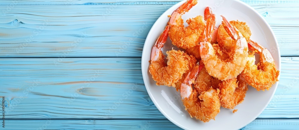 Poster top view of delectable fried breaded shrimps on a light blue wooden table with available copy space 