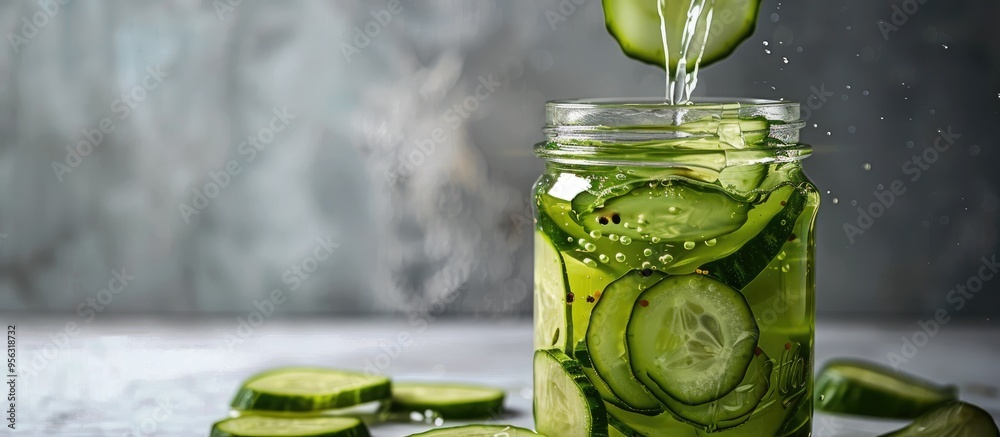 Poster Closeup of pickled cucumber being removed from a jar on a grey background with room for text within the image. Creative banner. Copyspace image