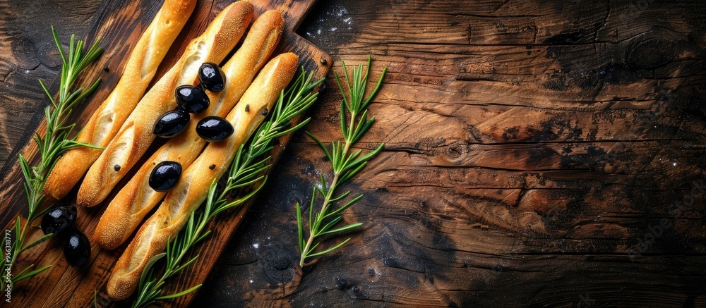 Poster italian traditional grissini with green and black olives on a rustic wooden board with available cop