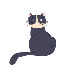 Cute cat sits turned its backside. Adorable kitten looks back. Fluffy kitty with black fur. Domestic animal, happy pet with furry tail relax. Flat isolated vector illustration on white background
