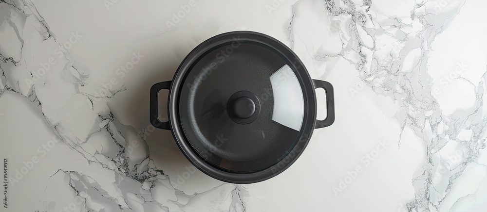 Poster Top view of a black cooking pot with a transparent lid placed on a white marble surface offering a clear area for including text within the image. Creative banner. Copyspace image