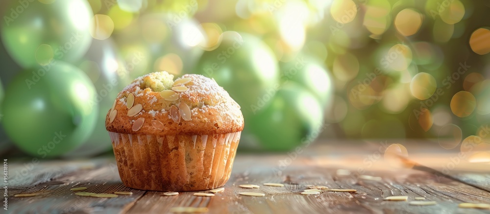 Aufkleber almond muffin on a wooden surface with a background of blurred green balloons providing a rustic atm