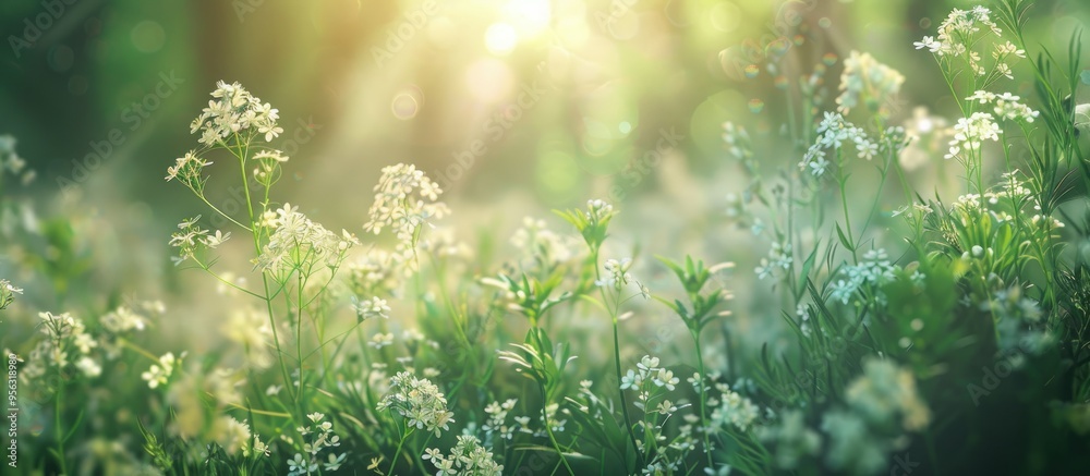 Poster White flowers growing in a field with lush greenery Filipendula ulmaria meadow flowers on a forest lawn wildflowers and green grass creating a summery background with an optical blur bokeh for copy s