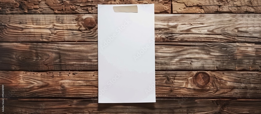 Poster wooden background with a blank white paper providing copy space for your text