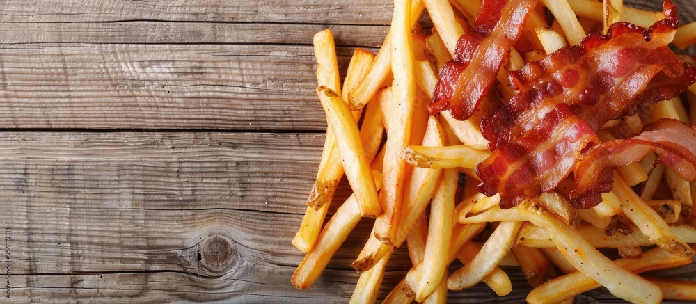 Leinwandbilder flat lay of appetizing french fries and bacon on a wooden surface with copy space image available