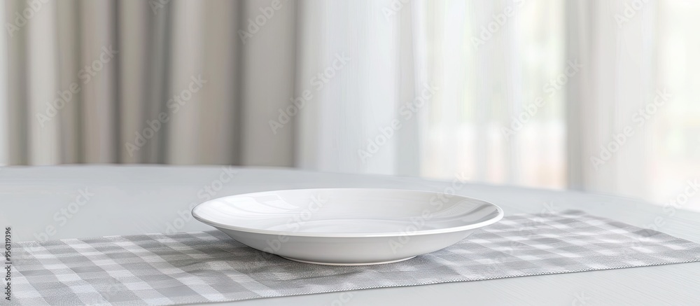 Leinwandbilder Modern white porcelain plate placed on an aesthetically pleasing flat table with a folded square patterned fabric cover creating a visually appealing copy space image