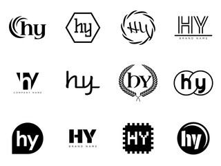 HY logo company template. Letter h and y logotype. Set different classic serif lettering and modern bold text with design elements. Initial font typography.