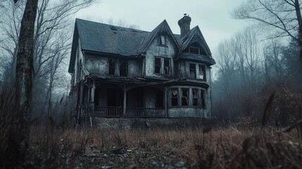 Obraz premium Old Abandoned Haunted House, Spooky Halloween Setting, 3D Render Illustration. AI generated illustration.