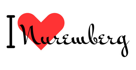 I love Nuremberg, city of Germany. Hand drawn letters with red heart. Vector illustration lettering, modern design
