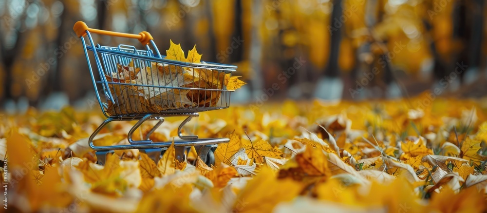 Poster a shopping cart surrounded by yellow fallen leaves with copy space image