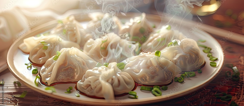 Poster a plate of freshly made dumplings with copy space image