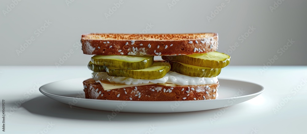 Poster plate featuring a homemade pickle sandwich with mayo and cheese captured from the side with copy spa