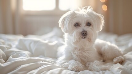 Fluffy white dog lying on a bed with soft sunlight coming through the window