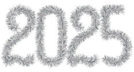 Tinsel. 2025. Lettering from festive Christmas decoration. Fluffy numbers. Silver color. Vector illustration. Isolated background. Cute plush message. Coming year. Rustling lettering. 