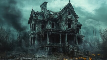 Obraz premium Old Abandoned Haunted House, Spooky Halloween Setting, 3D Render Illustration. AI generated illustration.