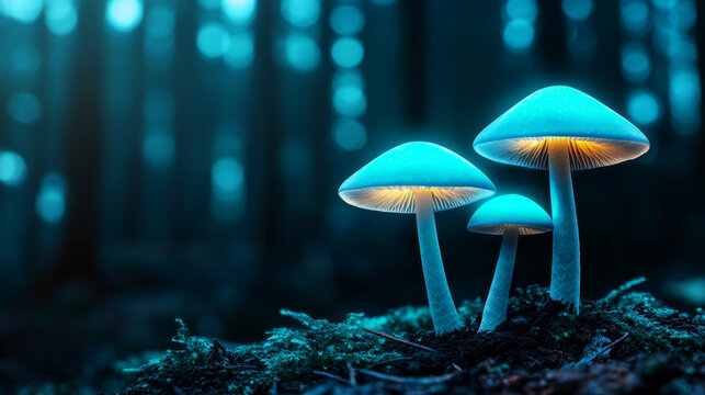 Blue glowing mushrooms emit a soft light in a dark forest, creating a serene and mystical atmosphere in the quiet woods.