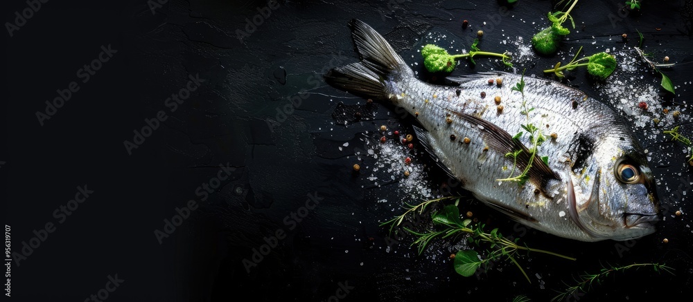 Poster top view of a fresh sea bream dorado fish with herbs on a black background allowing for copy space i
