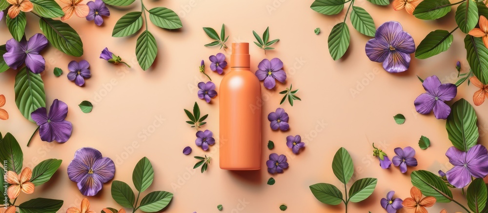Poster an orange paper cosmetic bottle surrounded by viola flowers and leaves provides a charming frame for